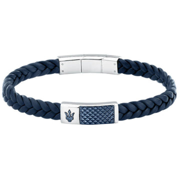 Ανδρικό βραχιόλι Maserati JM4249IK01 από ανακυκλωμένο δέρμα σε μπλε χρώμα, ασημί ατσάλινο κούμπωμα και ταυτότητα με μπλε λεπτομέρειες.